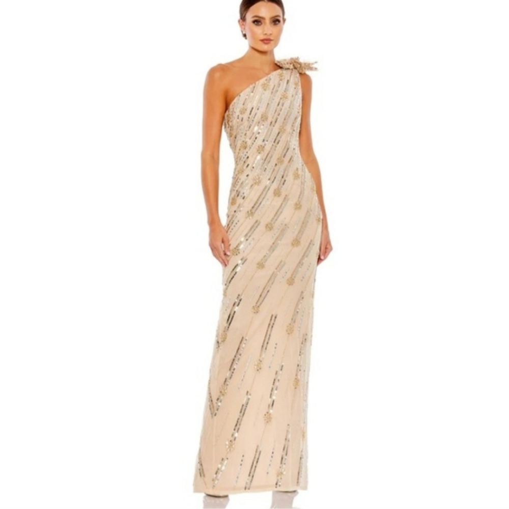 Mac Duggal One-Shoulder Champagne Gold Beaded Gown